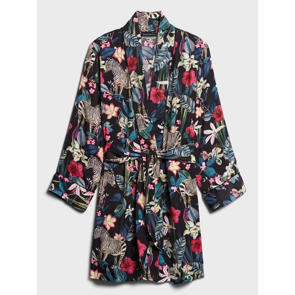 Banana Republic Satin Floral Zebra Print Belted Kimono Robe Black Multi Size XS